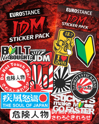 EuroStance JDM Sticker Pack, assorted Japanese style car stickers laid out around the packaging