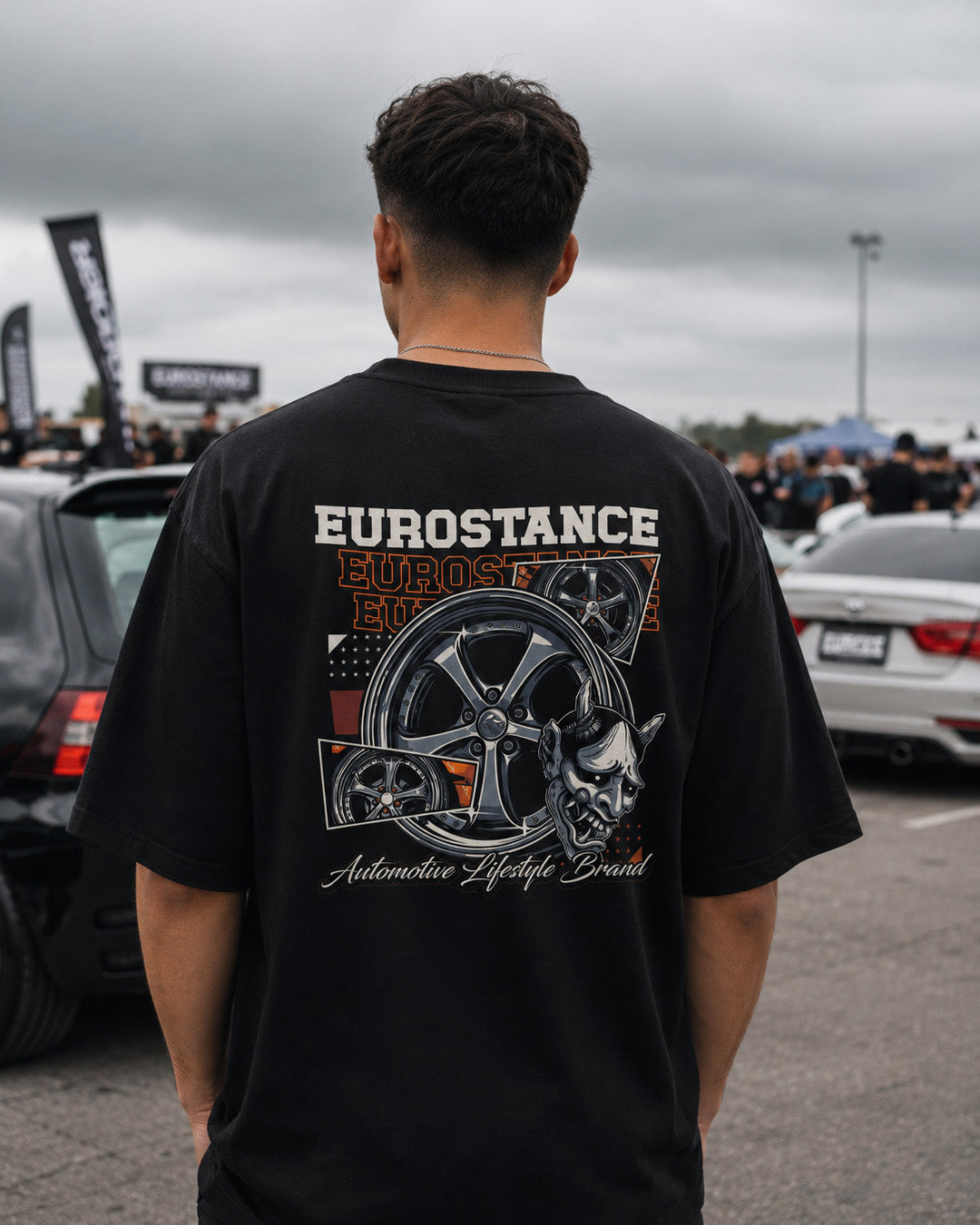 EuroStance VSKF ONI t-shirt worn at a car meet, wheel and oni mask back print