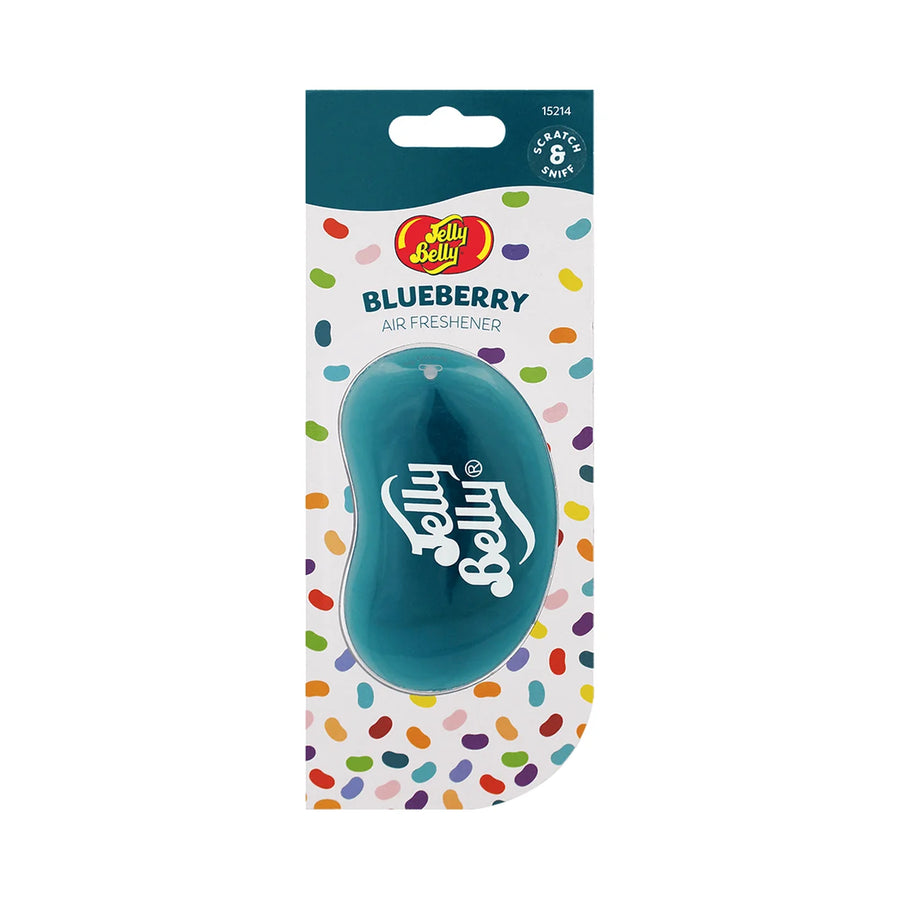 Jelly Belly Blueberry 3D hanging air freshener with a blue jelly bean in its spotted card pack, product photo on white
