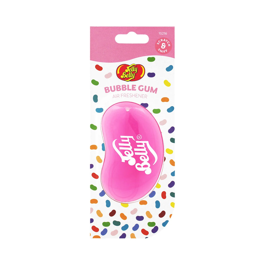 Jelly Belly Bubble Gum 3D hanging air freshener with a pink jelly bean in its spotted card pack, product photo on white