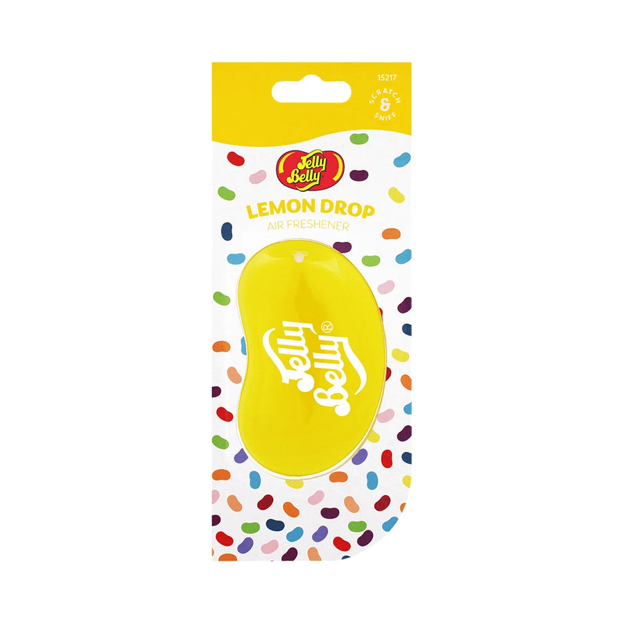 Jelly Belly Lemon Drop 3D hanging air freshener with a yellow jelly bean in its spotted card pack, product photo on white