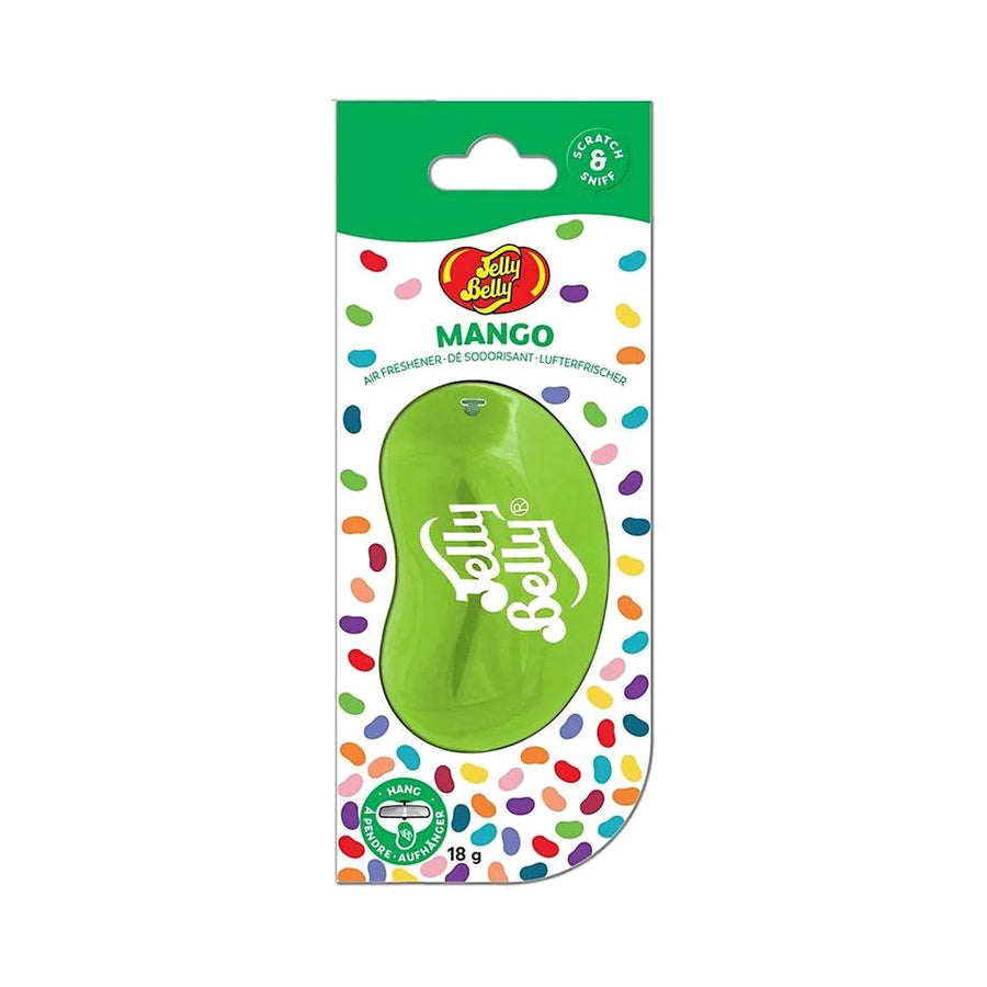 Jelly Belly Mango hanging air freshener with a green jelly bean shape in its spotted card pack, product photo on white