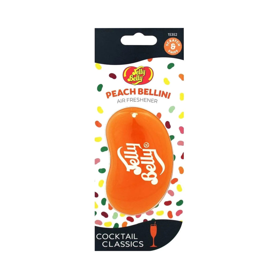 Jelly Belly Peach Bellini hanging air freshener from the Cocktail Classics range with an orange jelly bean in its card pack, product photo on white