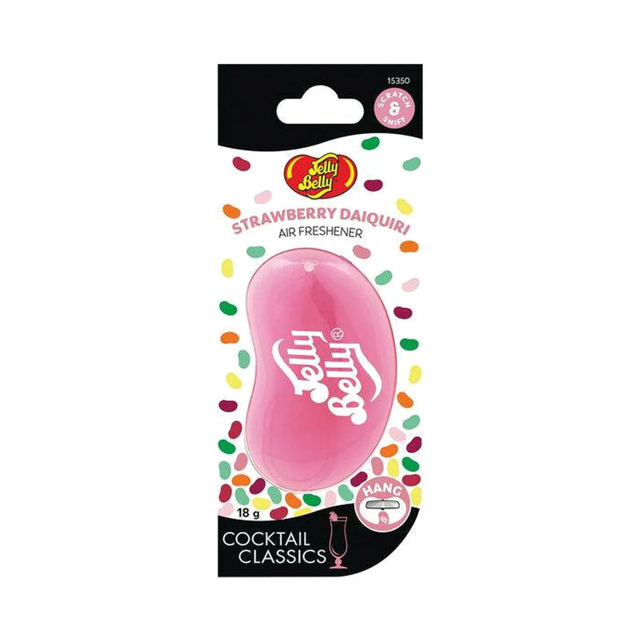 Jelly Belly Strawberry Daiquiri hanging air freshener from the Cocktail Classics range with a pink jelly bean in its card pack, product photo on white