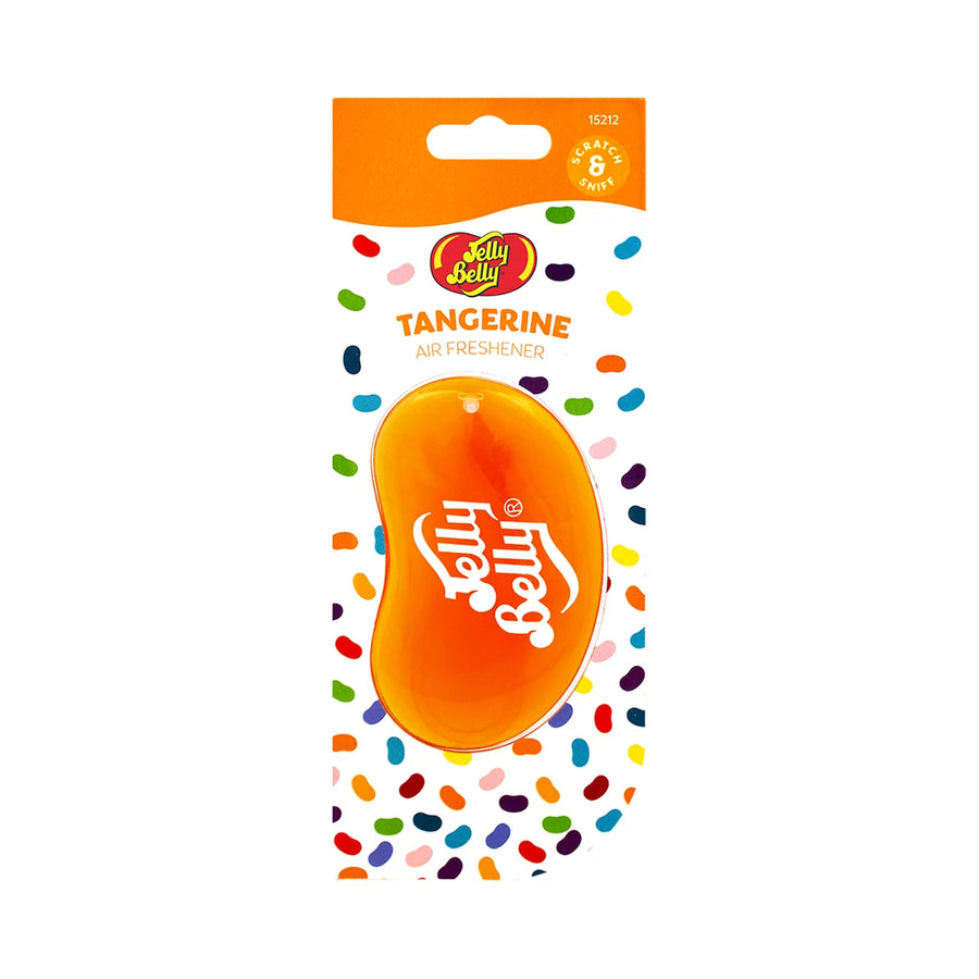 Jelly Belly Tangerine 3D hanging air freshener with an orange jelly bean in its spotted card pack, product photo on white