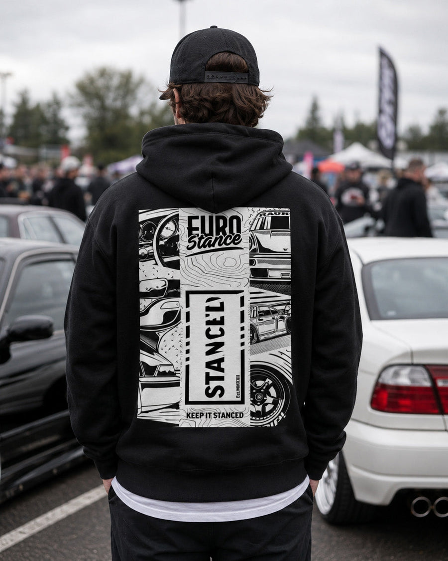 EuroStance Keep it Stance Hoodie, car collage back print worn at a car meet