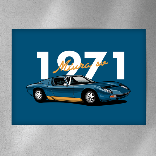 EuroStance Lamborghini Miura 1971 Art Poster, blue Miura illustration with large white 1971 lettering