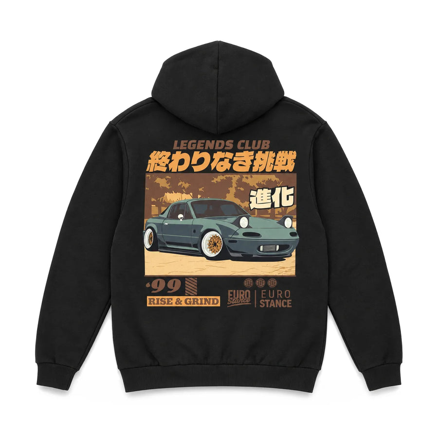 EuroStance Legends Club Miata Rise & Grind Hoodie back, product photo on white