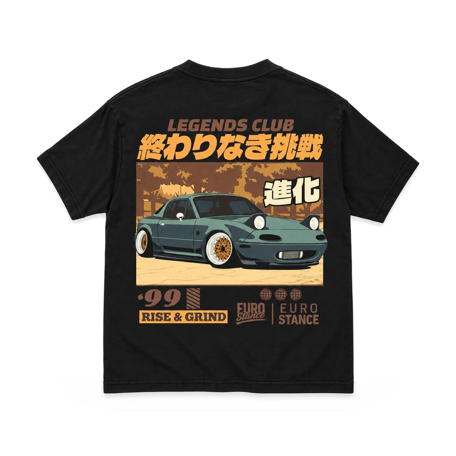 EuroStance Legends Club - Miata Rise & Grind T-Shirt back, product photo on white