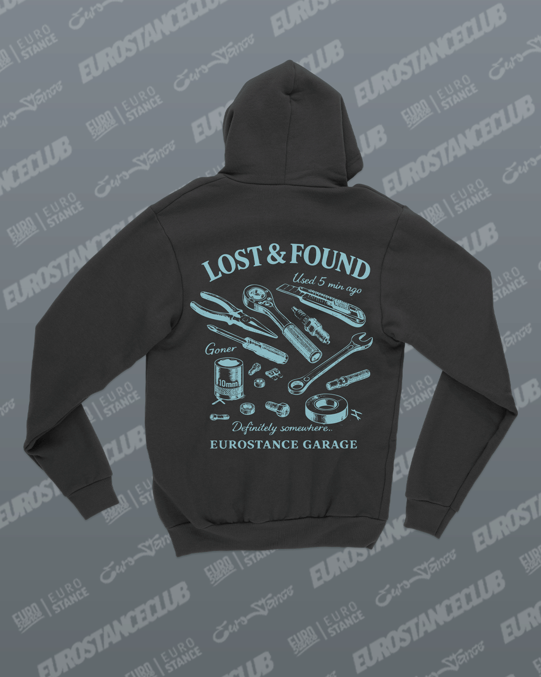 EuroStance Lost & Found Hoodie back with light blue tool illustration print on a grey background
