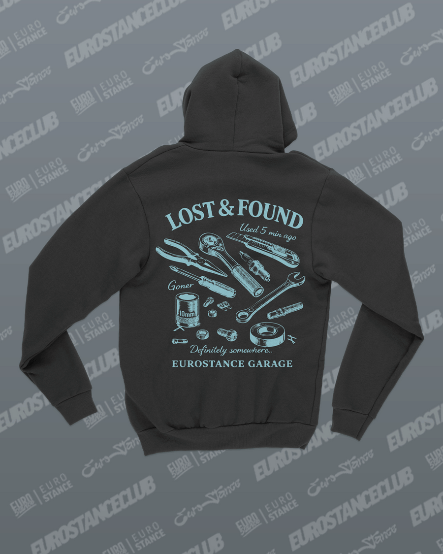 EuroStance Lost & Found Hoodie back with light blue tool illustration print on a grey background