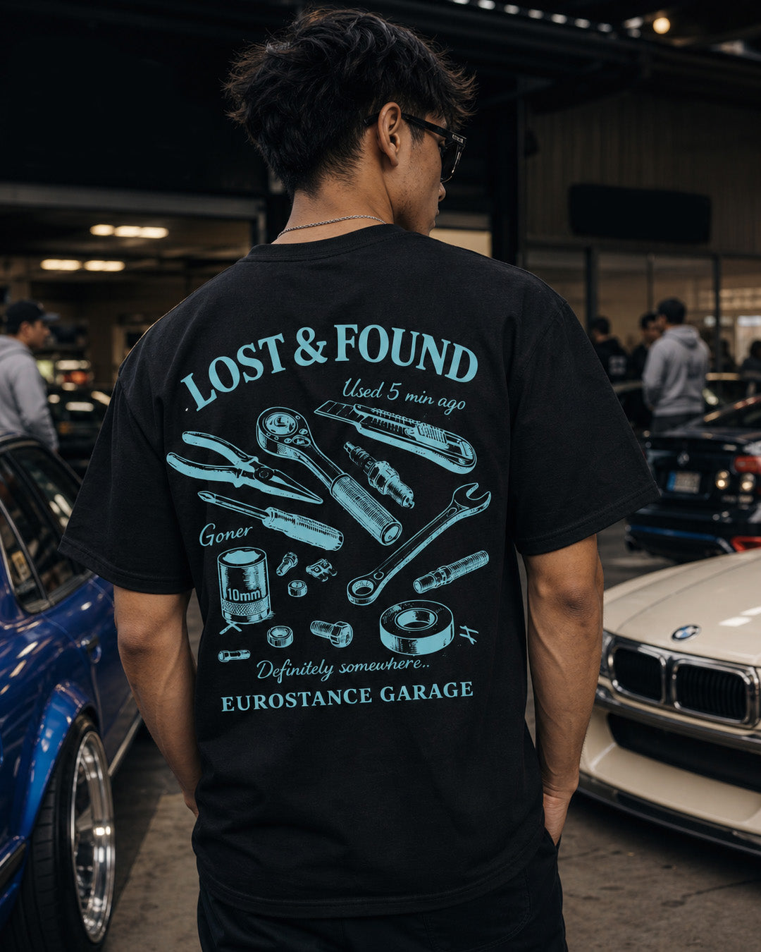 EuroStance Lost & Found T-Shirt with light blue tool back print worn at a car meet