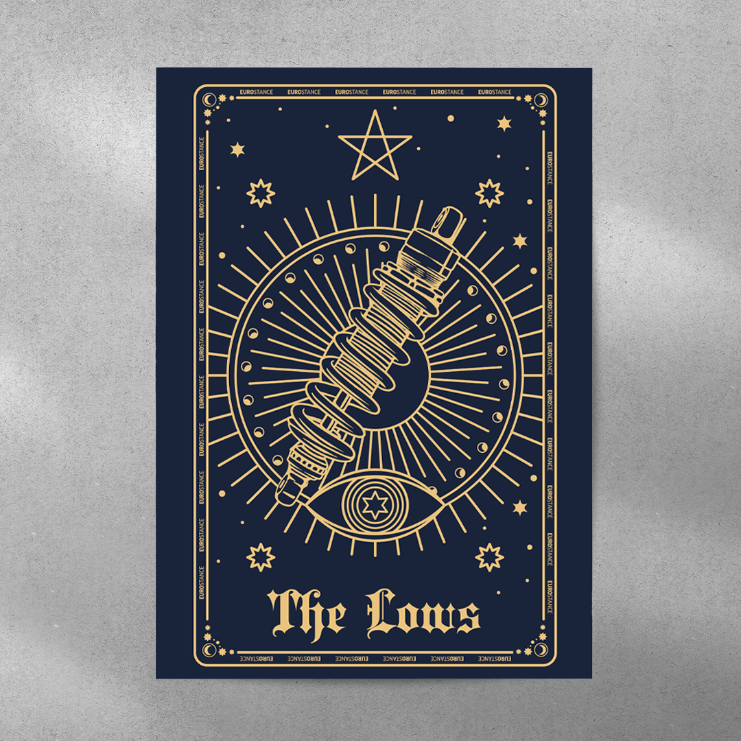 EuroStance Tarot The Lows Poster, navy and gold tarot card with a coilover and an eye