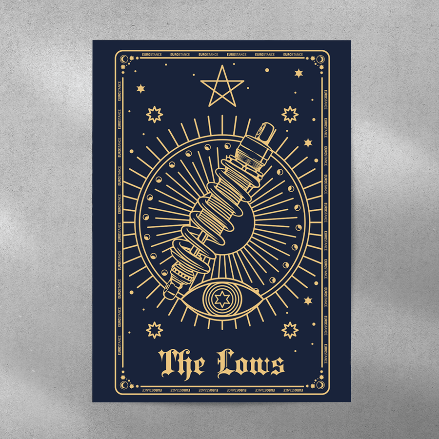 EuroStance Tarot The Lows Poster, navy and gold tarot card with a coilover and an eye