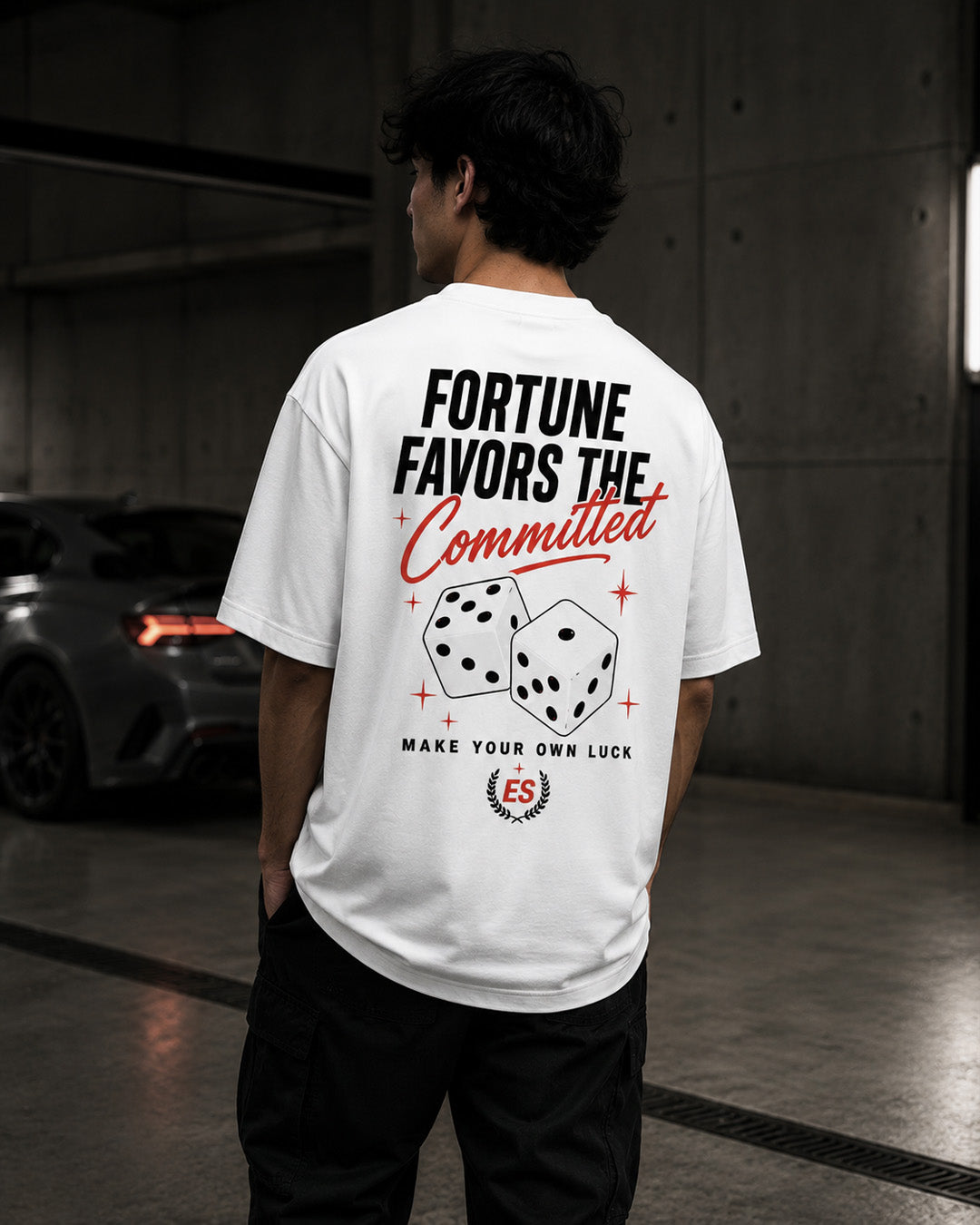 EuroStance Lucky Break Dice T-Shirt, back view on a model showing the large dice print