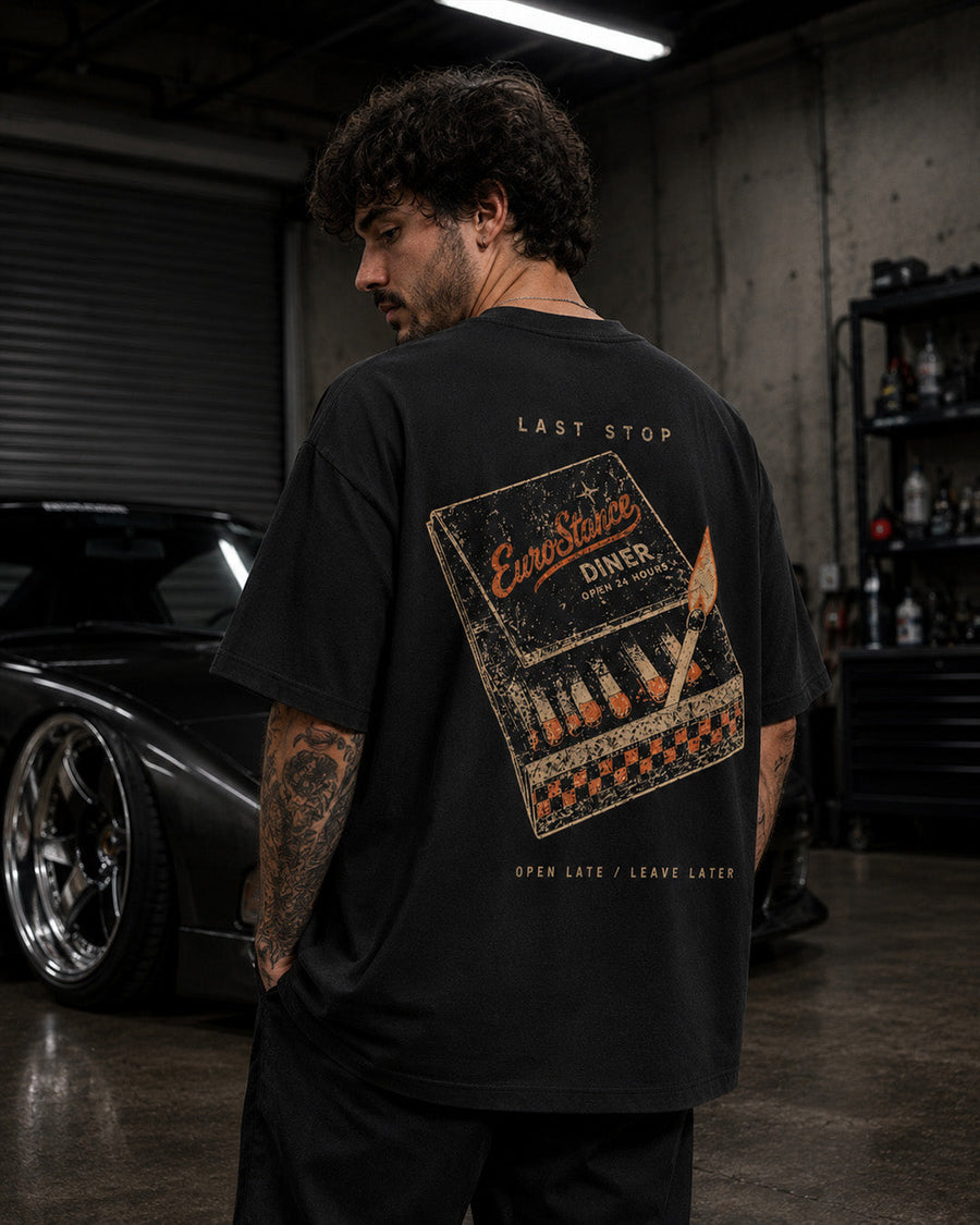 EuroStance Last Stop T-Shirt on a model, back view with the large matchbook diner print