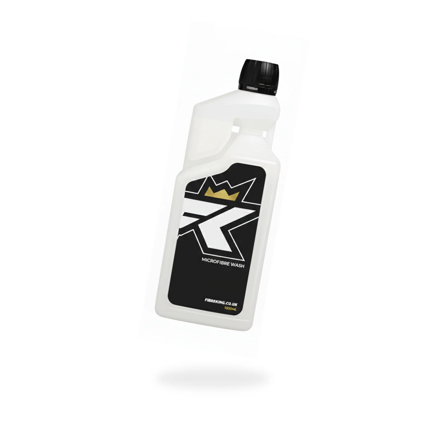 FibreKing Microfibre Wash Detergent 1L white bottle with black label, tilted on a white background