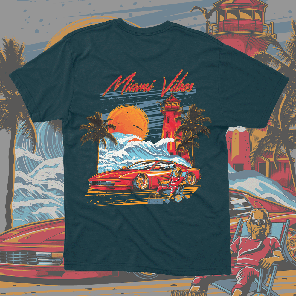 EuroStance Miami Vibes Tessa Rossa Tee, back print of a red sports car, lighthouse and sunset