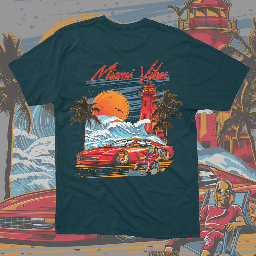 EuroStance Miami Vibes Tessa Rossa Tee, back print of a red sports car, lighthouse and sunset