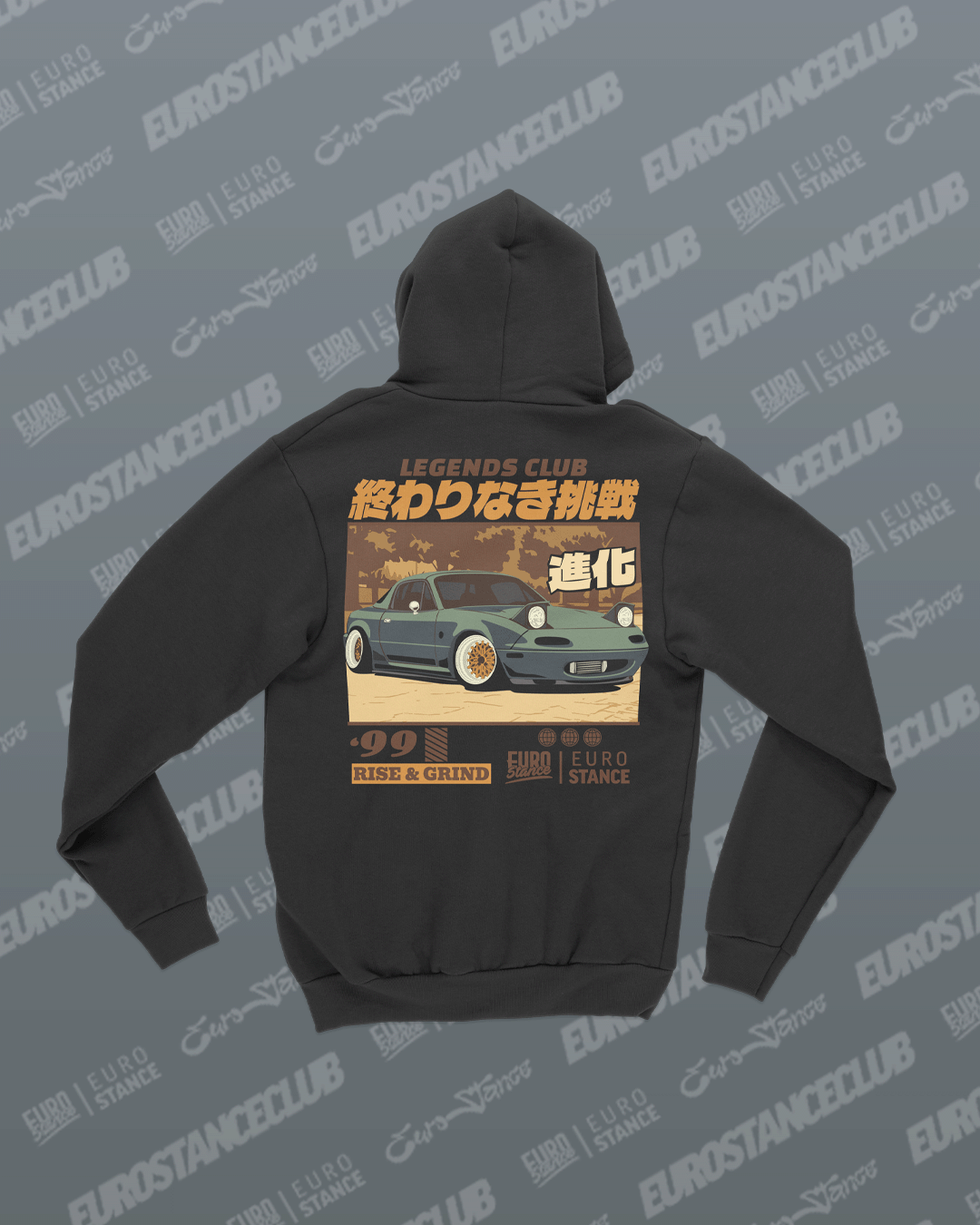 EuroStance Legends Club Miata Rise & Grind Hoodie, back of black hoodie with green Miata print
