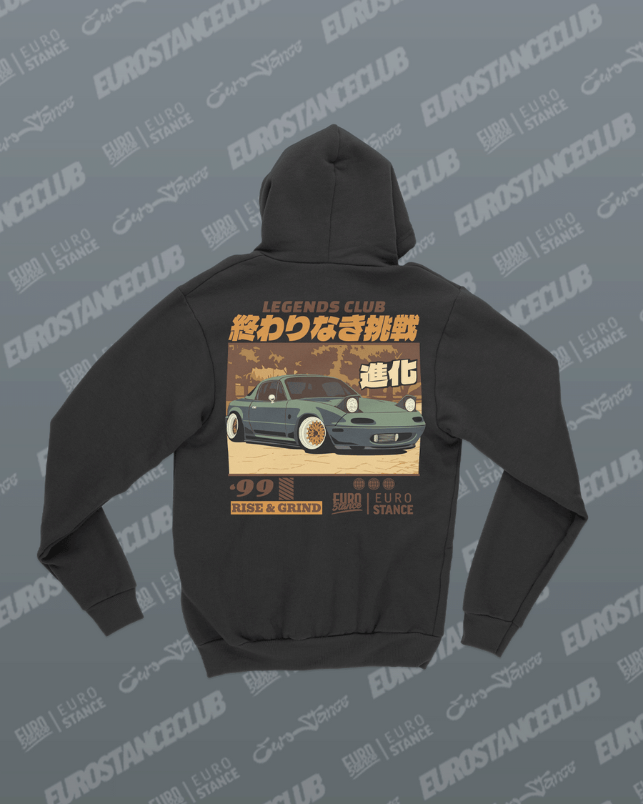 EuroStance Legends Club Miata Rise & Grind Hoodie, back of black hoodie with green Miata print