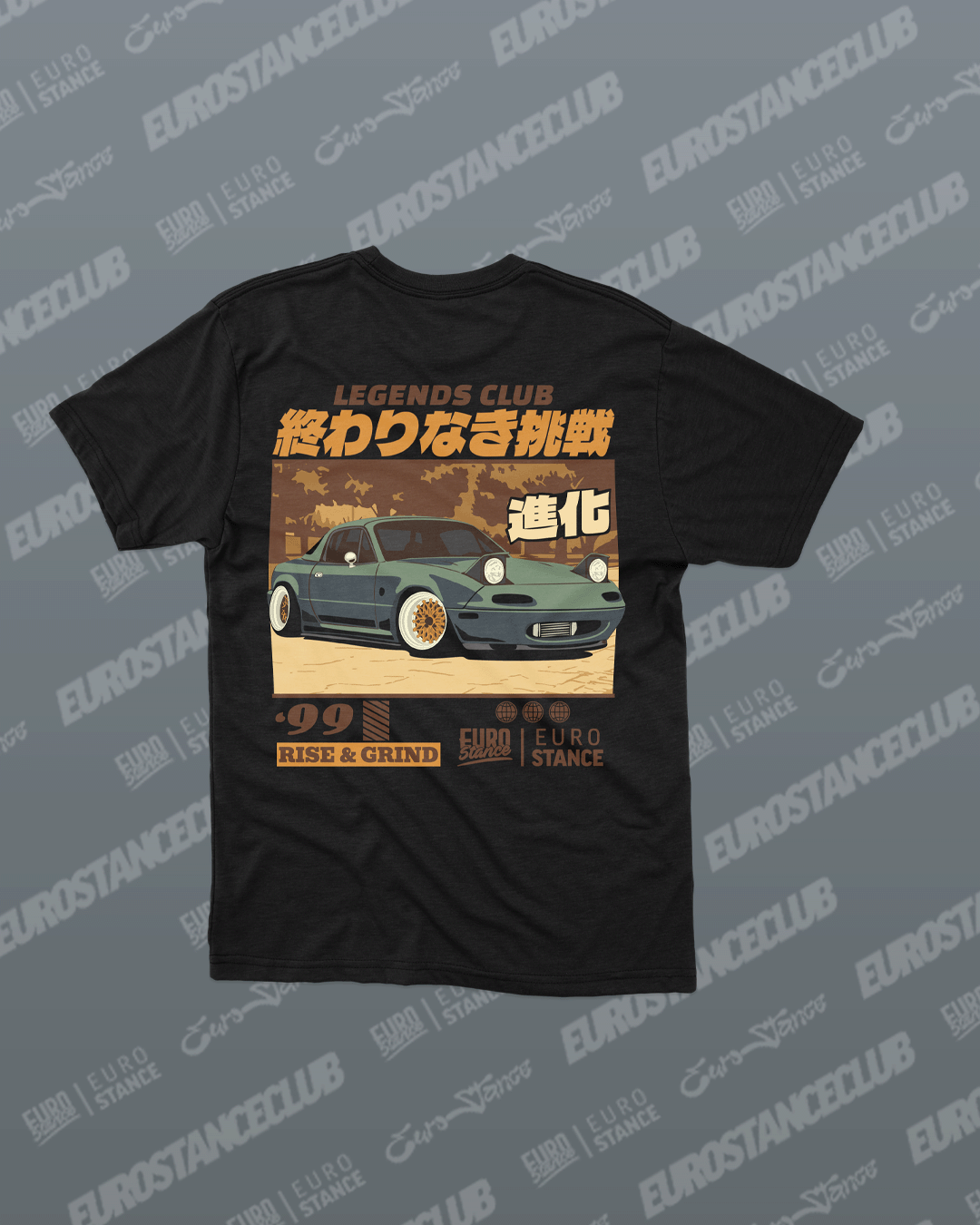 EuroStance Legends Club Miata Rise & Grind T-Shirt, back of black tee with green Miata print