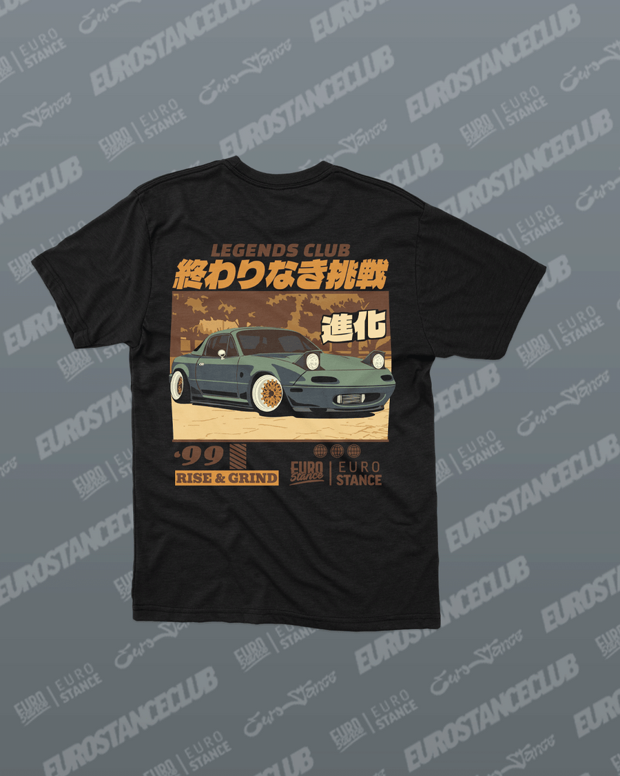 EuroStance Legends Club Miata Rise & Grind T-Shirt, back of black tee with green Miata print