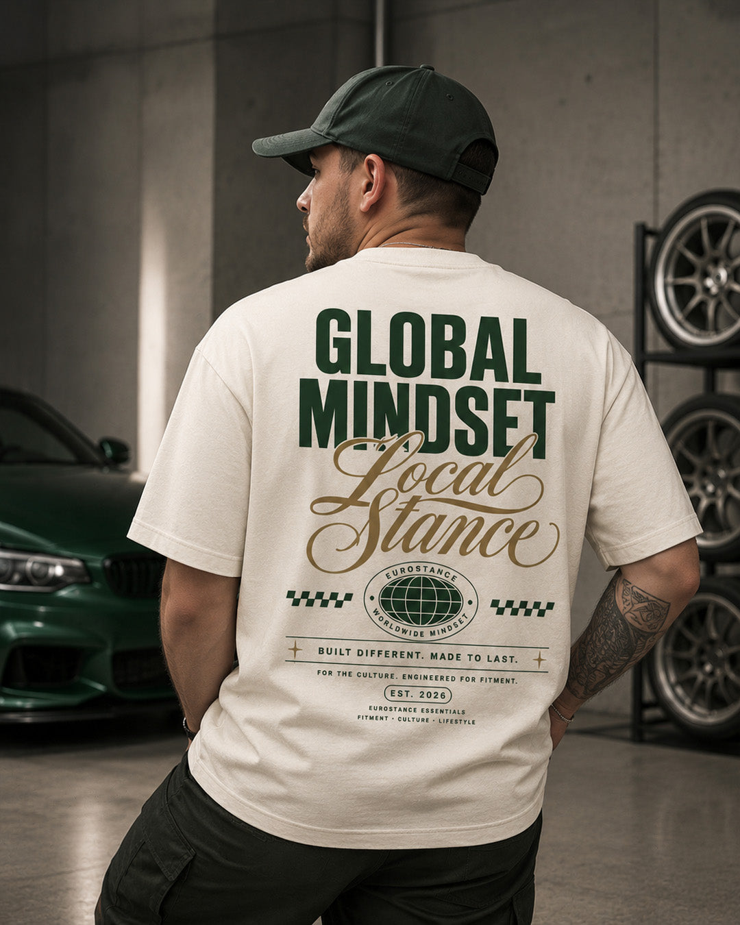 EuroStance Stance Mindset T-Shirt, cream tee back print worn by a man in a cap