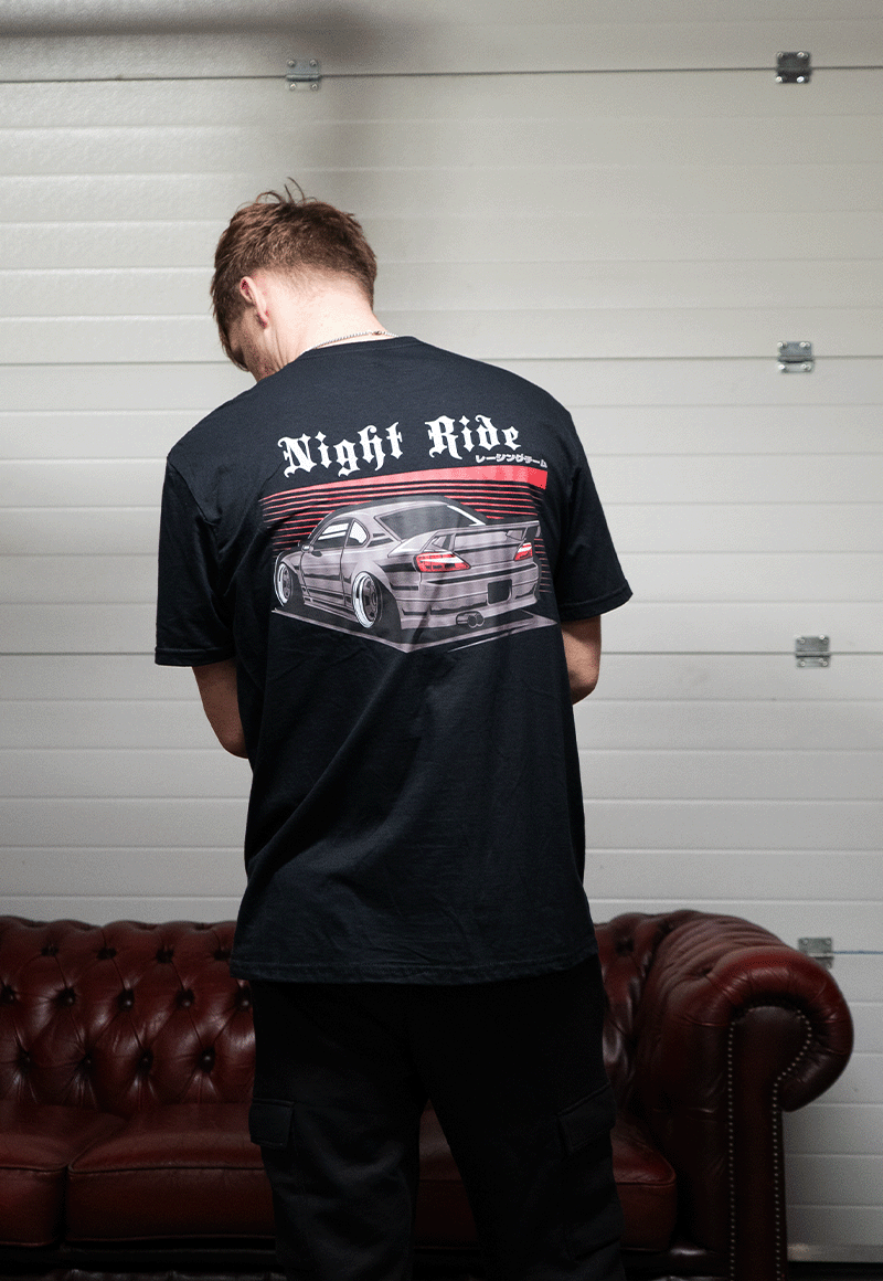 EuroStance Night Ride Tee worn by a model showing the black back with car print