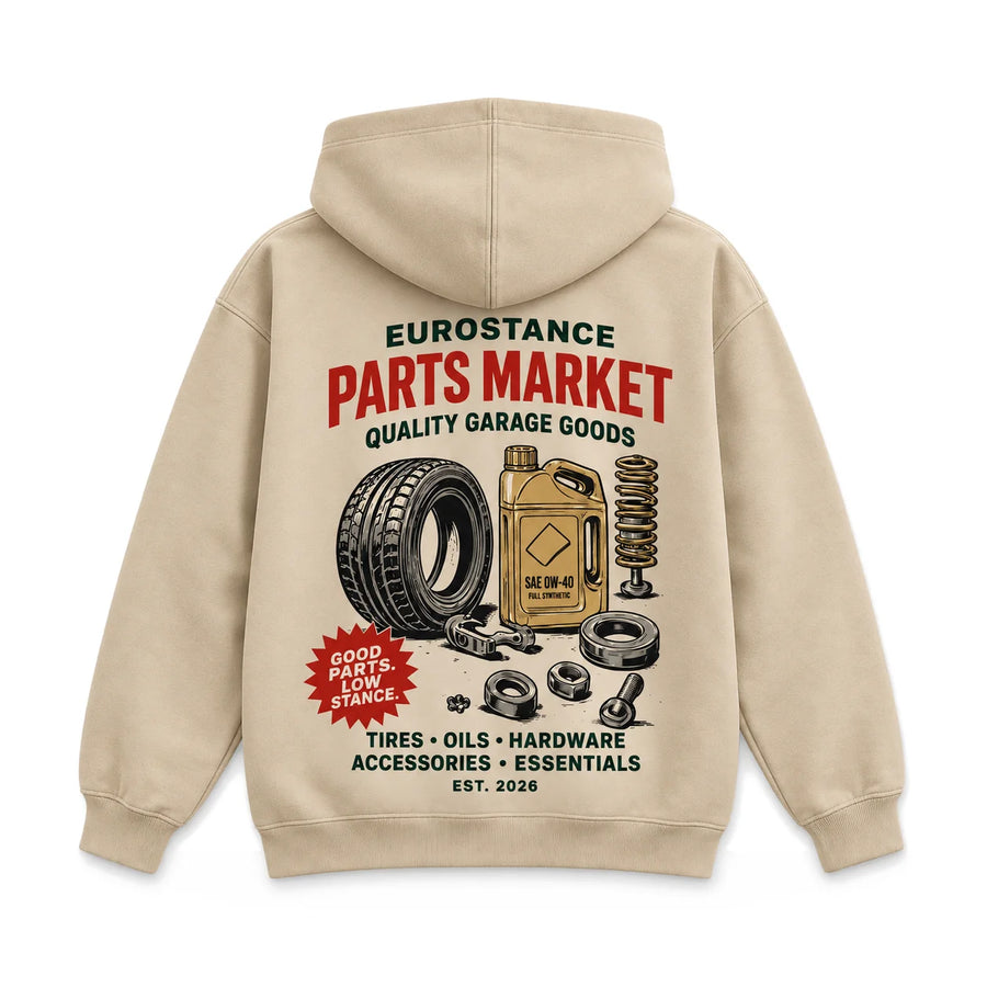 EuroStance Parts Market Hoodie back, product photo on white