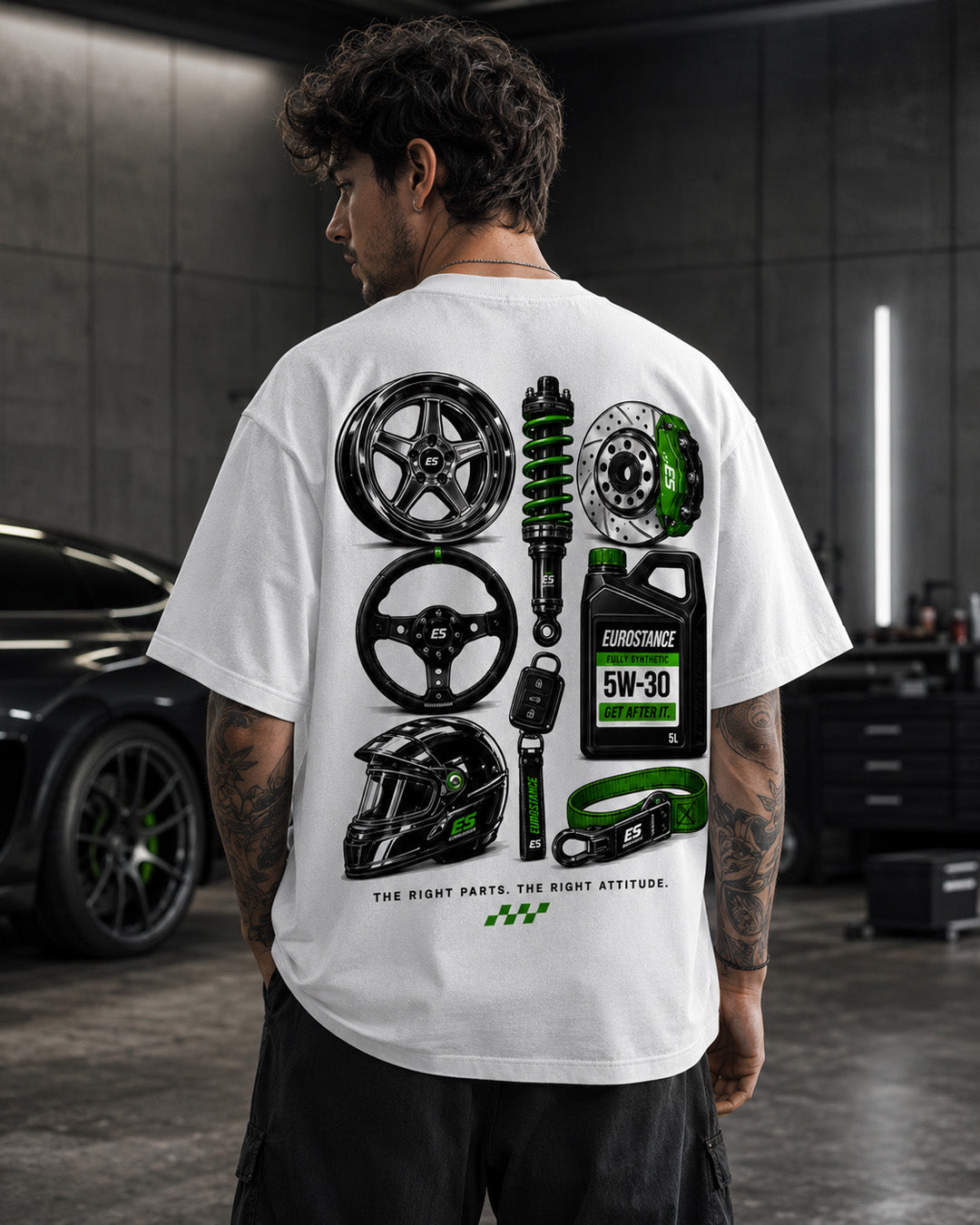 EuroStance Parts Collection T-Shirt in white on a model, back print of car parts