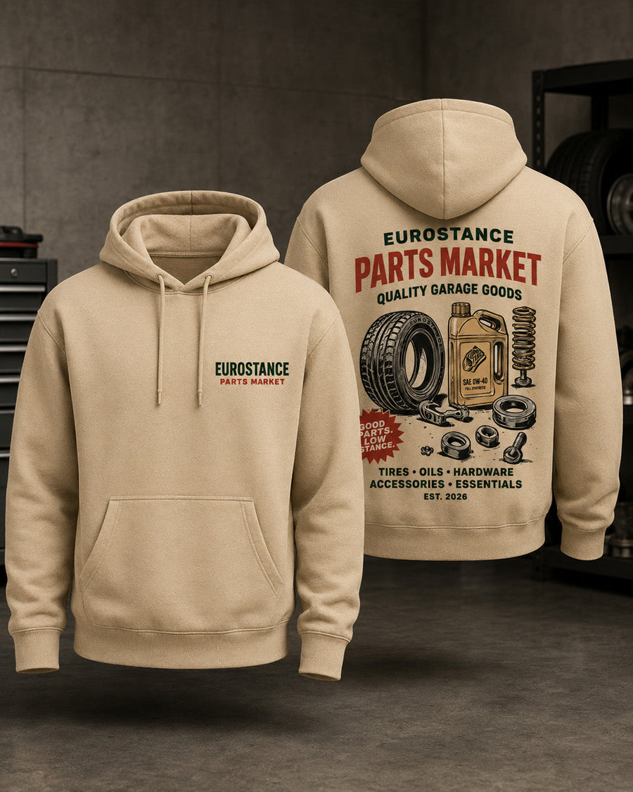 EuroStance Parts Market Hoodie in beige, front and back with tyre and oil can print
