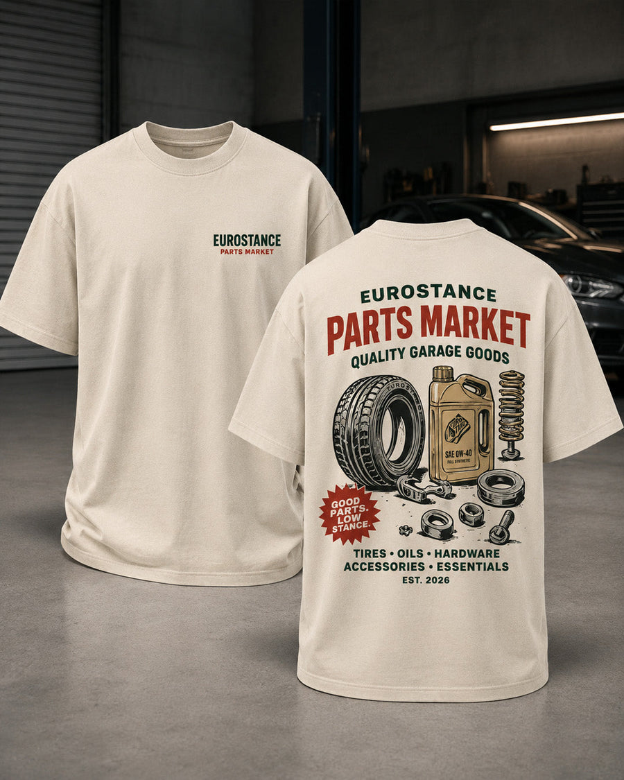 EuroStance Parts Market T-Shirt in cream, front and back with tyre and oil can print