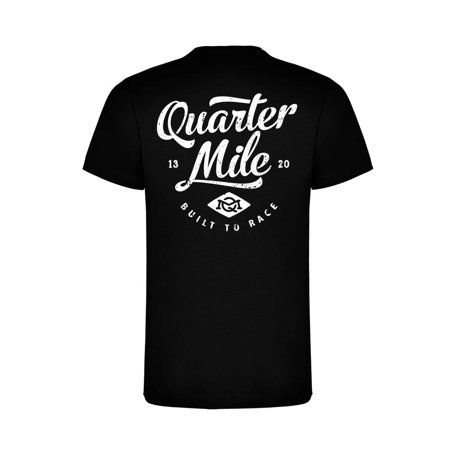 Back of the black Quarter Mile Script T shirt with the white Quarter Mile Built To Race print, product photo on white