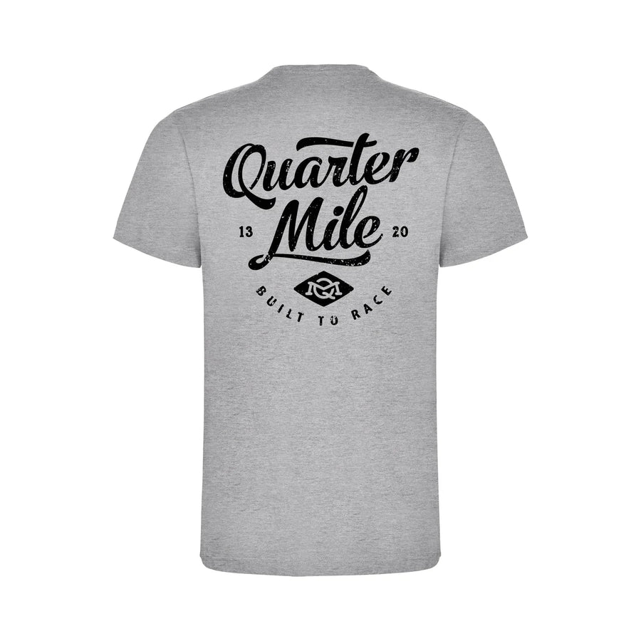 Back of the grey Quarter Mile Script T shirt with the black Quarter Mile Built To Race print, product photo on white