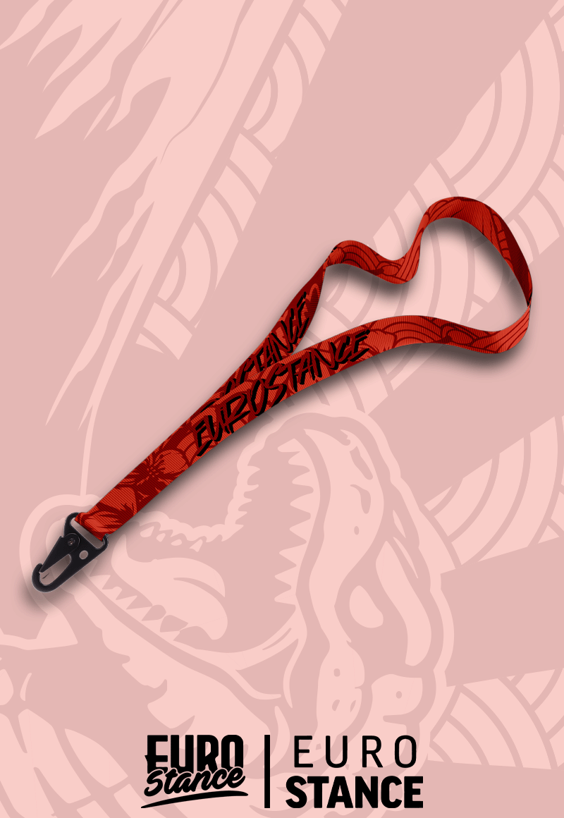 EuroStance Red JDM Lanyard with floral pattern, black lettering and a black clip hook