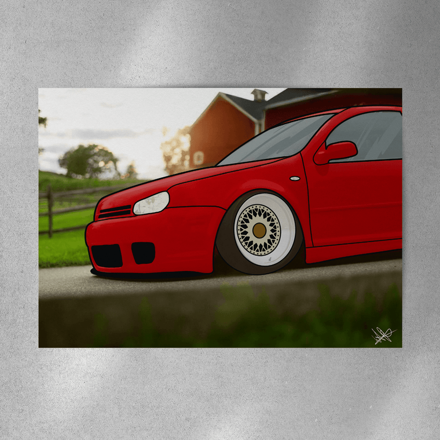 EuroStance Another Mk4 Poster showing a lowered red hatchback with white mesh wheels beside a barn