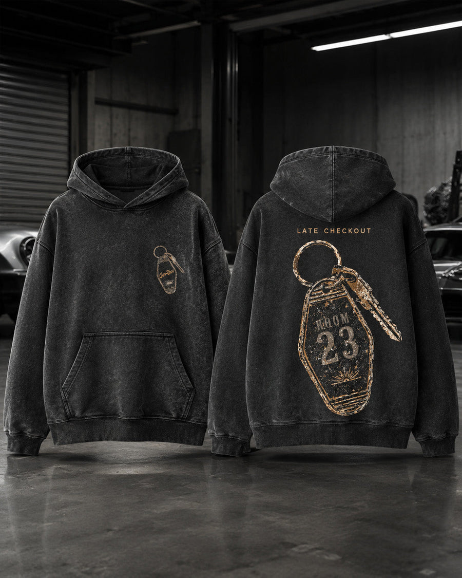 EuroStance Room 23 Hoodie front and back, washed black with gold key tag print