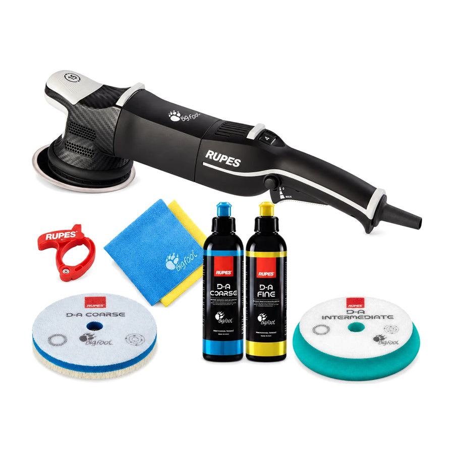 Rupes BigFoot LHR15 Mark V BAS kit: polisher, D-A Coarse and D-A Fine compounds, wool pad, D-A Intermediate foam pad, two cloths and a cable clamp, product photo on white