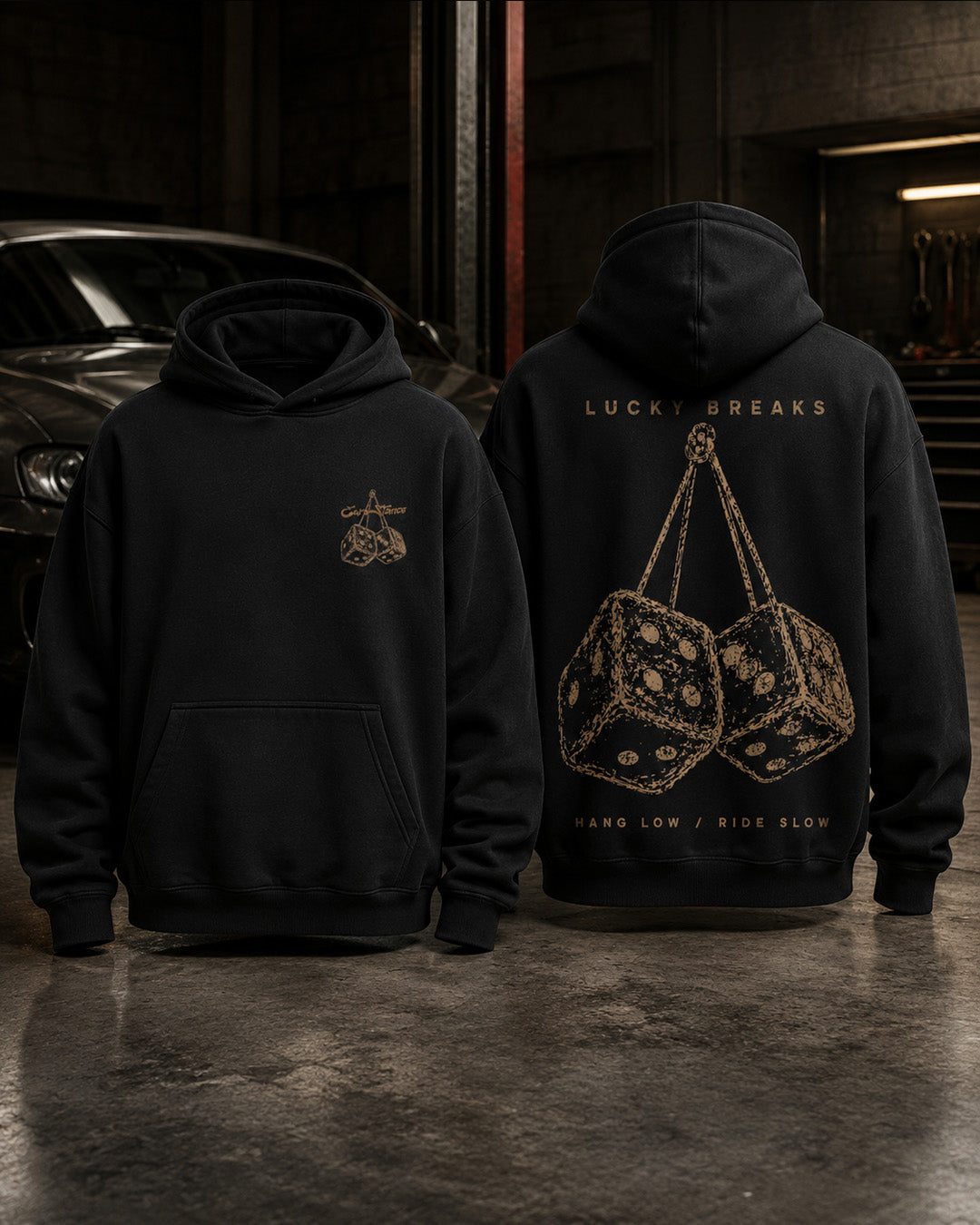 EuroStance Lucky Breaks Hoodie, front and back views in black with a tan hanging dice print
