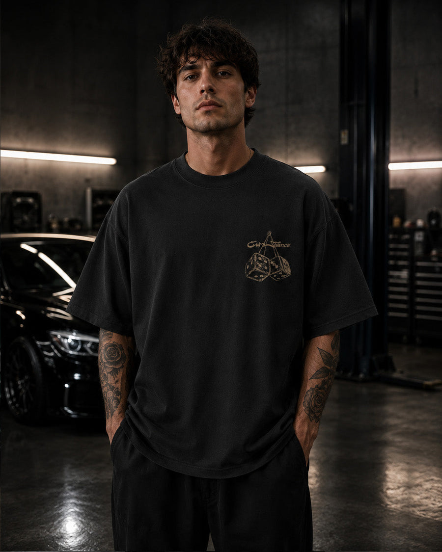 EuroStance Stay Low Dice T-Shirt on a model showing the small dice chest print