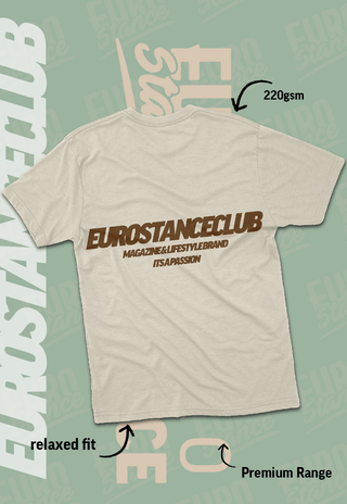 EuroStance Club Lifestyle Tee in Sand & Brown, back view with large brown EuroStanceClub print