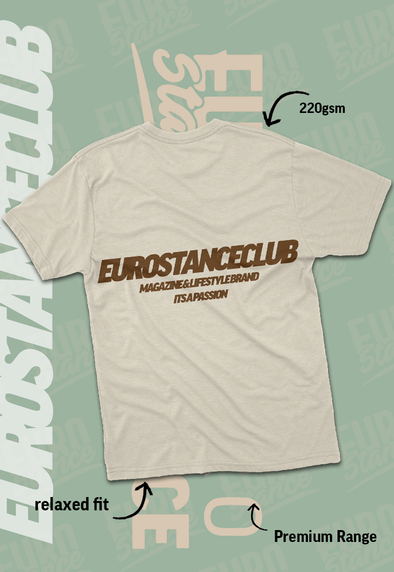 EuroStance Club Lifestyle Tee in Sand & Brown, back view with large brown EuroStanceClub print
