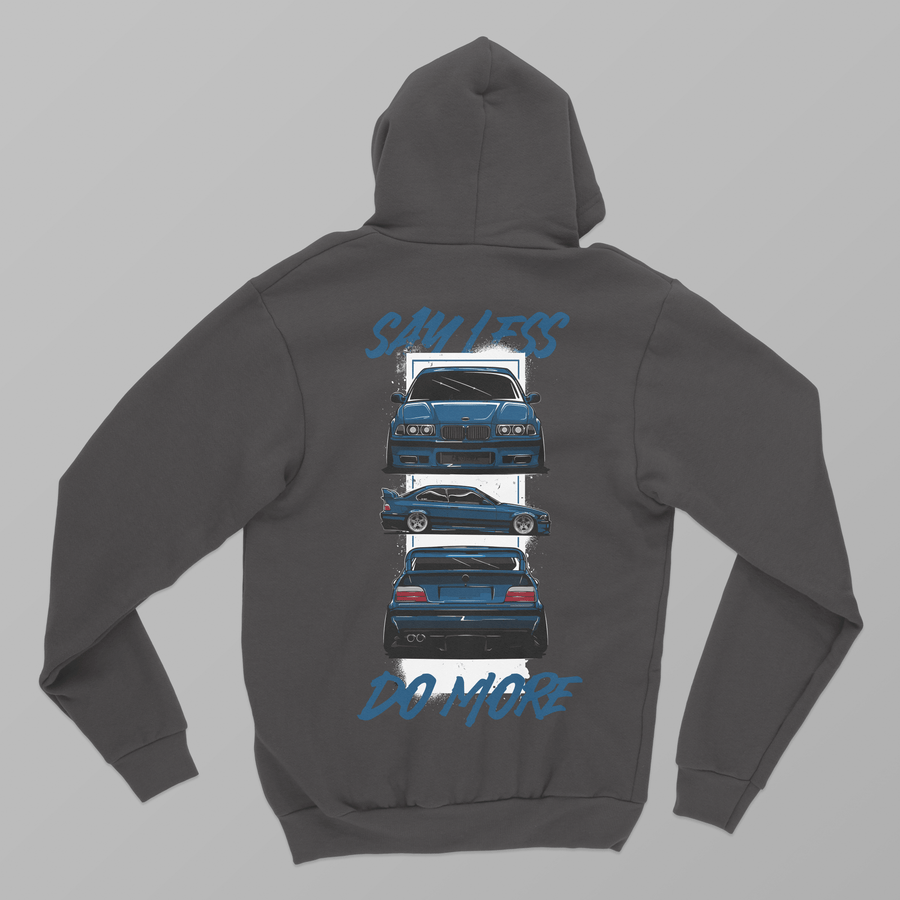 EuroStance Say Less Do More BMW E36 Hoodie, back print of three blue E36 views