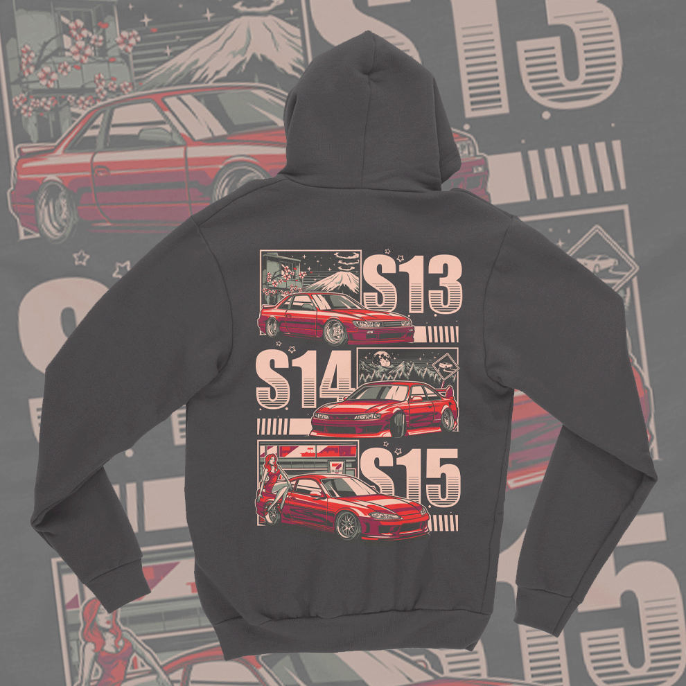 EuroStance Silvia Evolution Hoodie in dark grey, back print of red S13, S14 and S15 cars