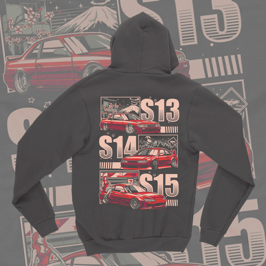 EuroStance Silvia Evolution Hoodie in dark grey, back print of red S13, S14 and S15 cars