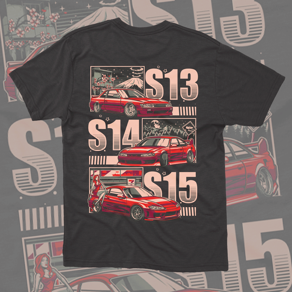 EuroStance Silvia Evolution Tee in dark grey, back print of red S13, S14 and S15 cars