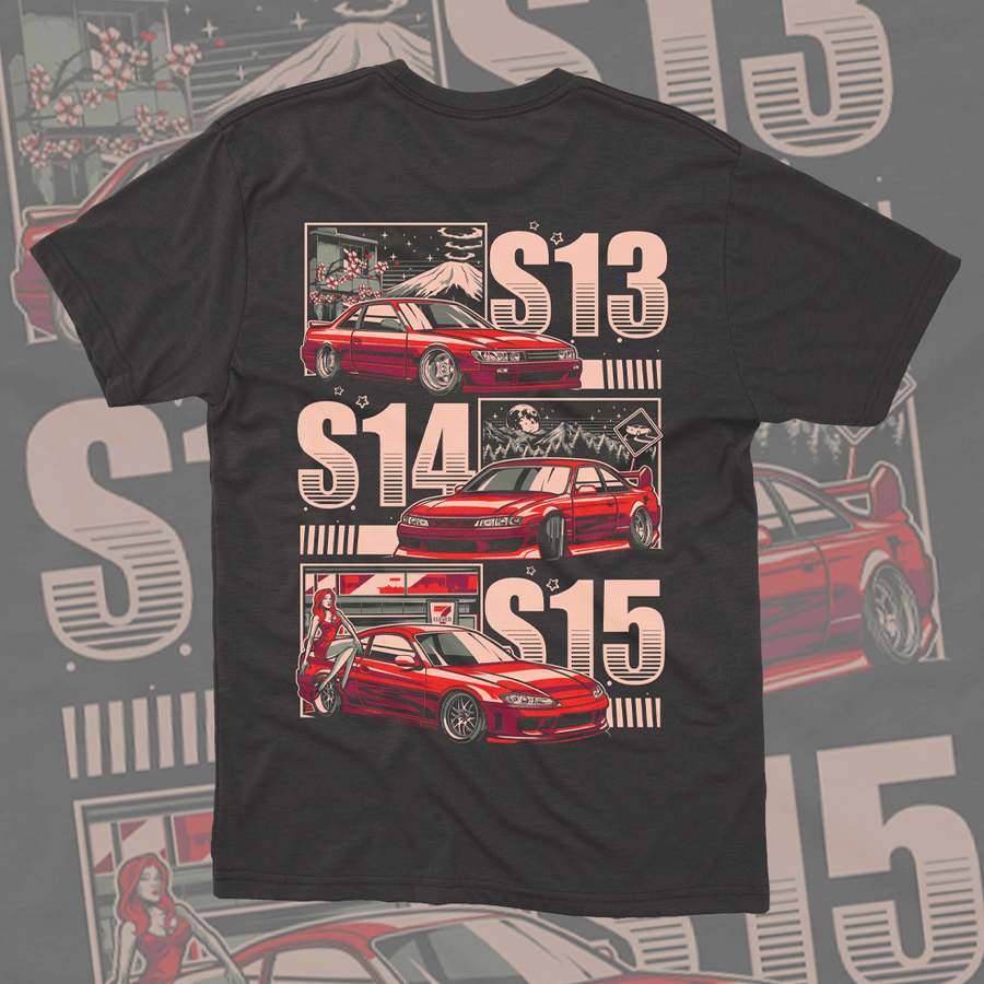 EuroStance Silvia Evolution Tee in dark grey, back print of red S13, S14 and S15 cars