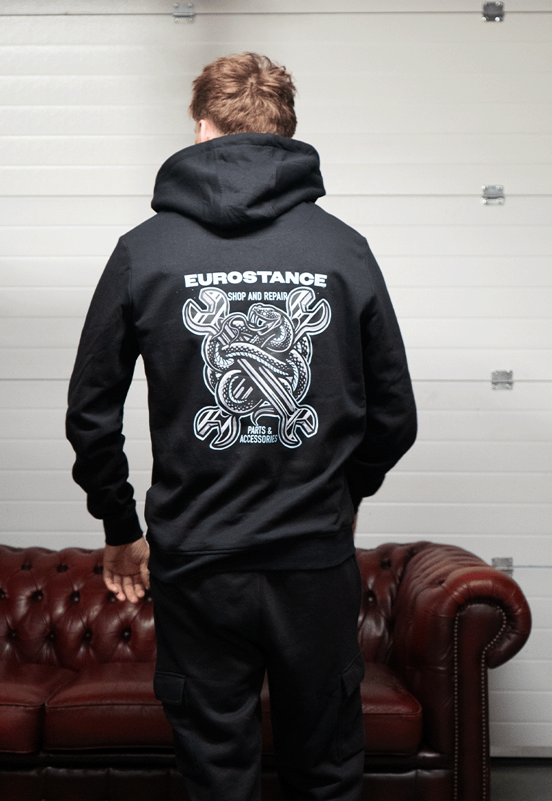 EuroStance Spanner Snakes Hoodie in black on a model, back view with snake and spanners print