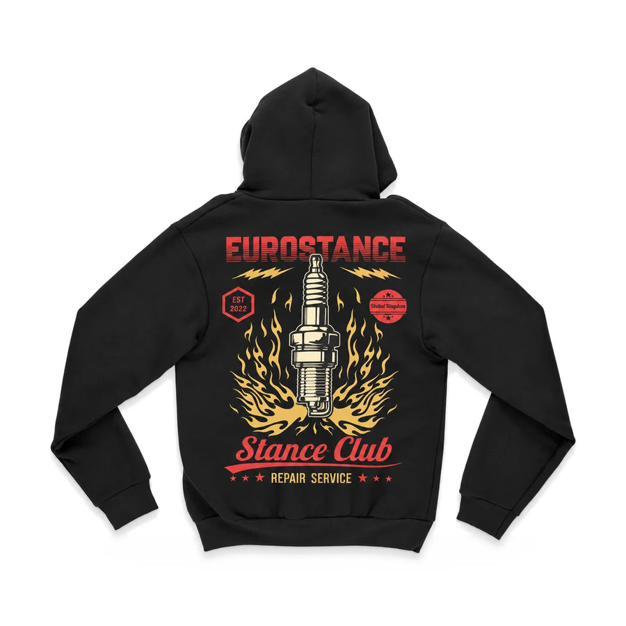 EuroStance Sparkplug Garage Hoodie back, product photo on white